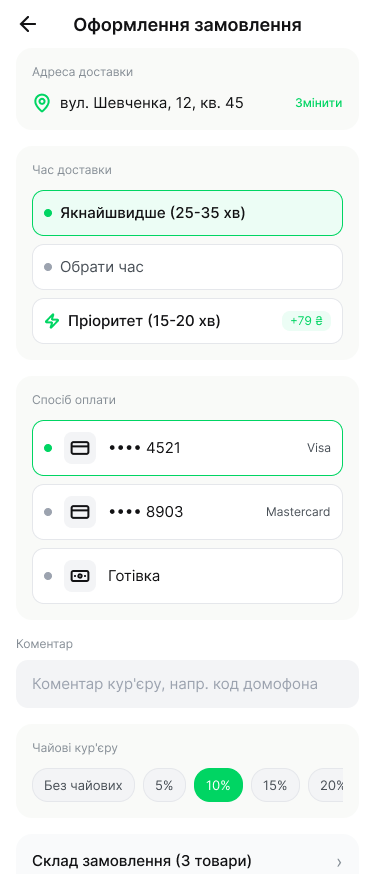 Оформлення замовлення: адреса, час, оплата